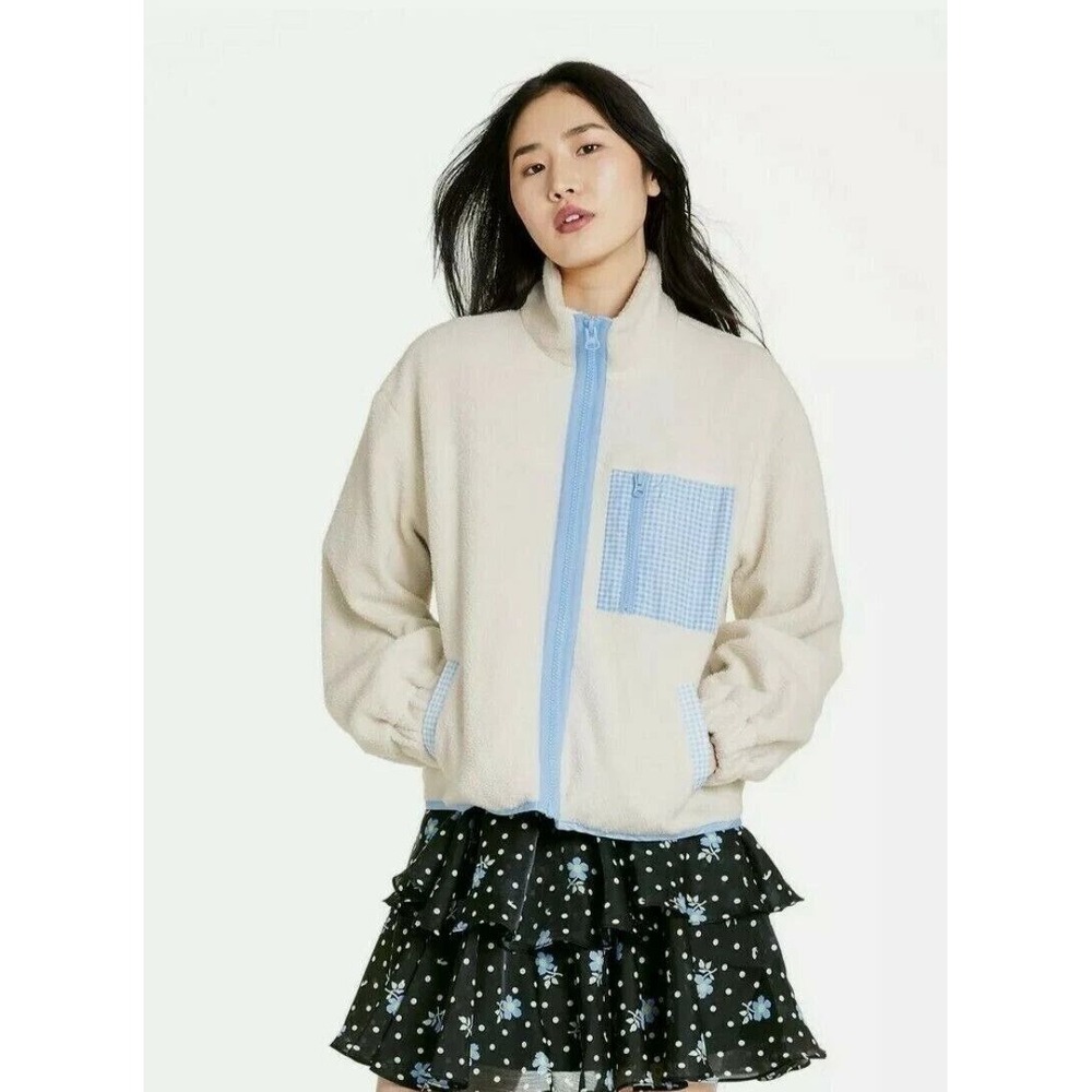 Sandy Liang x Target Women Fleece Sherpa Jacket‎ Cream Blue Gingham Zip Medium
